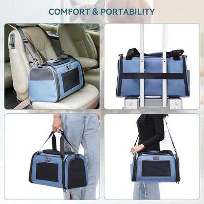 PETSFIT Pet Carrier, Dog Carrier Airline Approved, Collapsible Soft Sided TSA Approved Pet Carrier for Small and Medium Cats, Puppies Up to 12 Lbs, Cat Travel Carrier, Blue