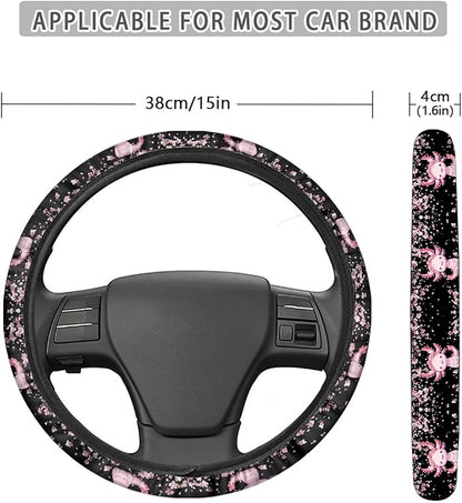 AFPANQZ Cartoon Axolotl Cherry Blossom Car Steering Wheel Cover Non-Slip Rubber Steering Wheel Covers Warm Breathable Steering Wheel Covers Sweat Absorption Car Steering Wheel Covers 15 Inches Pink