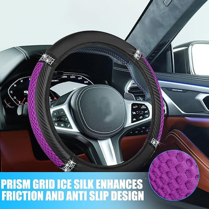 Bling Car Steering Wheel Cover, 15 Inch Elastic Stretch Crystal Rhinestone Vehicle Steering Wheel Protector, Anti-Slip Auto Interior Protective Cover, Universal for SUV RV Truck (Purple)