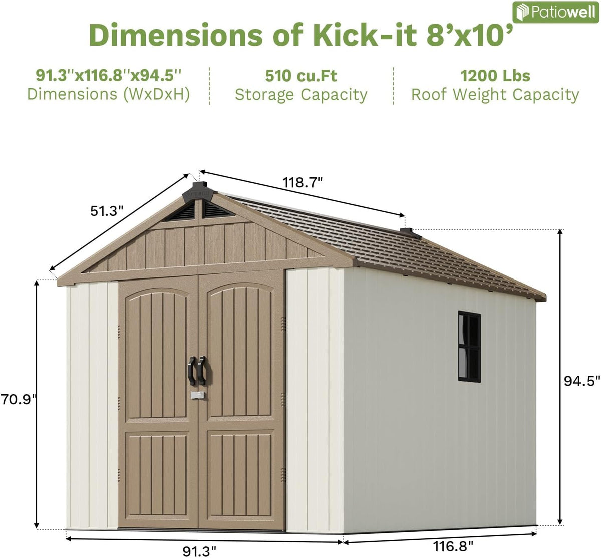 Patiowell 8 x 10 FT Resin Outdoor Storage Shed with Floor, Plastic Shed with Window and Lockable Door for Garden, Backyard, Tool Storage Use, Easy to Install in Brown (Kick-it Shed)