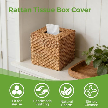 Natural Rattan Tissue Box Cover, Hand Woven Square Wicker Holder for Facial Tissues, Wicker Napkin Holder Ideal for Bathroom Living Room, Tissue Holders Decorative for Kitchen Office and Desk