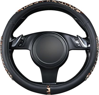 Flying Banner car Steering Wheel Cover Gel Massage Velvet Cool Warm Universal Size 15 inches SUV Truck Anti Slip Odorless Summer Winter (Black Brown Leopard Print, Gel Massage)