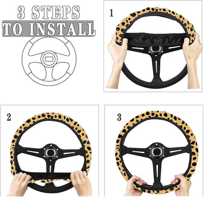 Universal Non-Slip Steering Wheel Cover, 15-inch Polyester Material Driving Accessories, Adjustable for Car and Truck(Classic Amber Leopard)