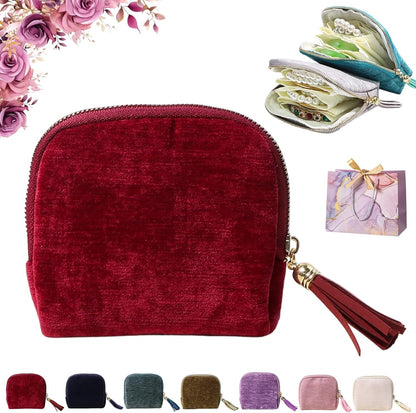 Travel Jewelry Case, Portable Jewelry Storage Bag, Compact Foldable Five Compartments Organizer Pouch with Zipper & Tassel for Earring Necklace Ring Bracelet (Dark red)