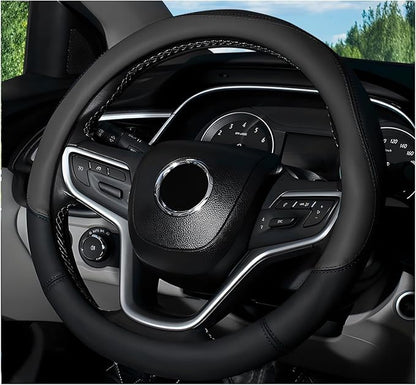 Leather Steering Wheel Cover, 15 Inch Soft Breathable Car Wheel Cover with Anti-Slip Lining, Universal Comfortable Steering Wheel Protector for Most Cars Trucks SUVs (Black)