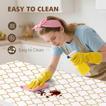 Shelf Liners for Kitchen Cabinets 12in x 30FT Non Adhesive Drawer Liner Gold Quatrefoil Thickened Shelf Liner Paper Strong Non-Slip Easy to Clean for Tool Box Refrigerator with Knife and Tape Measure