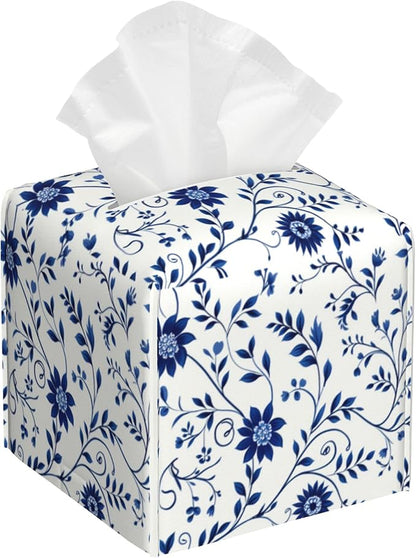 Blue and White Floral Tissue Box Cover,Abstract Boho Flowers Botanical Waterproof Leather Square Tissue Box Cover Case Facial Paper Organizer Dispenser Box Holder for Home Office Bathroom Vanity