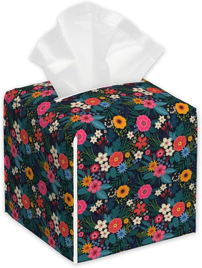 Colorful Flowers Tissue Box Holder,Cube Tissue Box Cover Holder,Leather Facial Paper Organizer Dispenser Home for Bedroom Night Stands,Kitchen,Office and Car,5.2"×5.2"×5.2"