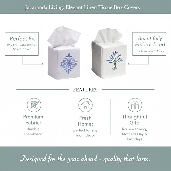 Jacaranda Living Square Tissue Box Cover, Linen/Cotton Fabric Tissue Holder, Decorative Cloth Tissue Cube Cover, Nature Designs Three Napoleon Bees (Duck Egg Blue)