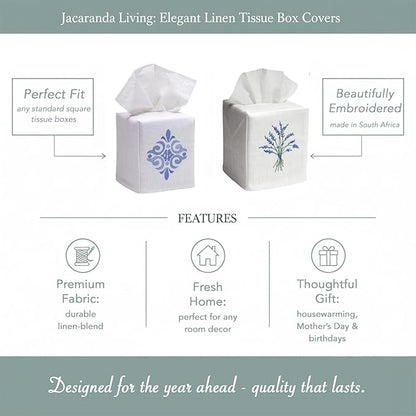 Jacaranda Living Square Tissue Box Cover, Linen/Cotton Fabric Tissue Holder, Decorative Cloth Tissue Cube Cover, Nature Designs Three Napoleon Bees (Duck Egg Blue)