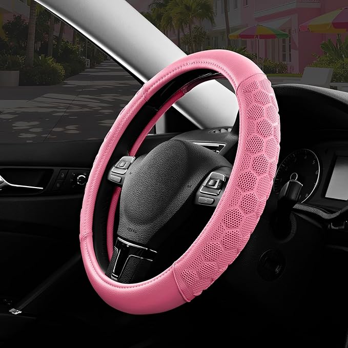 PIC AUTO Massage Steering Wheel Cover, Pink Football Pattern Material Spliced & Pink Leather Car Steering Wheel Cover, Car Steering Cover, Universal Fit 14.5"-15.5" for Cars, Trucks, Van, SUVs