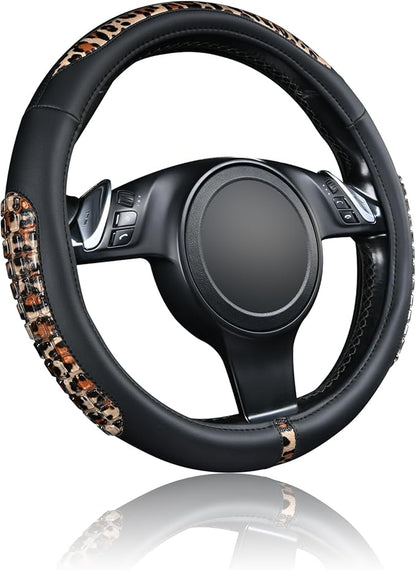 Flying Banner car Steering Wheel Cover Gel Massage Velvet Cool Warm Universal Size 15 inches SUV Truck Anti Slip Odorless Summer Winter (Black Brown Leopard Print, Gel Massage)