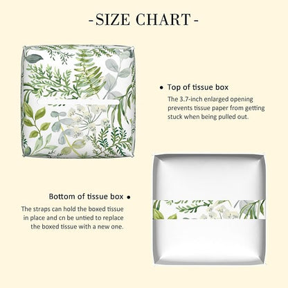 POIUBLE Green Leaves and Fern Tissue Box Cover Leather Tissue Box Holder Square Facial Paper Organizer Dispenser for Bathroom Kitchen Bedroom Vanity Countertop Night Stands