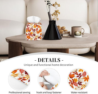 POIUBLE Leather Tissue Box Holder Autumn Pumpkins and Leaves Tissue Box Cover Thanksgiving Square Waterproof Tissue Holder Organizer Modern Napkin Holder for Bedroom Dresser Night Stand Office Desk