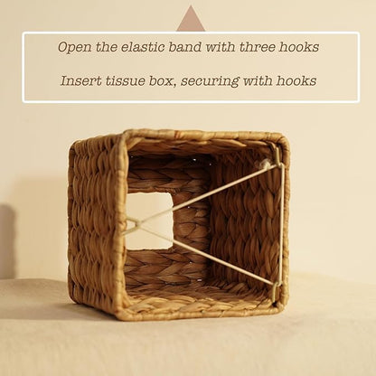 PINXIURY Water Hyacinth Handwoven Tissue Box Cover, Natural Handmade Wicker Napkin Box Holder, Handcrafted Square Facial Tissue, Rustic Decorative on Table and Bathroom, Office, Boho Decorative