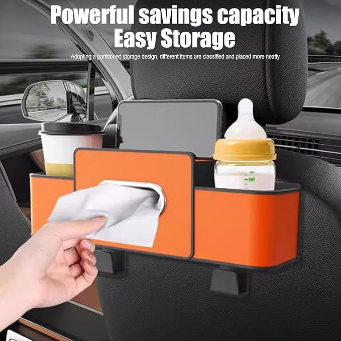 Car Back Seat Organizer with Hooks & Tissue Dispenser – Faux Leather Storage Box with Cup Holders, Multi-Compartment for Sunglasses & Chargers, Compatible with Most Seat Beige 2pcs