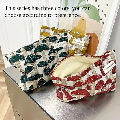 STARDW Cute Makeup Bag Aesthetic Cosmetic Bags for Women Girls, Travel Toiletry Bag Large Capacity Zipper Makeup Pouch, Purse Organizer Pouches,Canvas Lining (Red Mushroom)