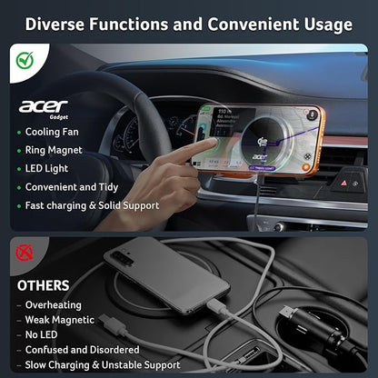Acer Gadget Qi2.2 25W for MagSafe Car Mount Charger,Wireless Car Charger with Cooling Fan & Backlight,Vent Phone Mount with 45W Car Adapter,360°Rotation Magnetic Phone Holder for iPhone 17/16/15/14/13