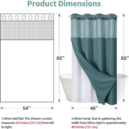 eachope SeawedGreen No Hook Waffle Weave Shower Curtain with snap-in Liner Replacement, 230GSM Waterproof Fabric Hotel Shower Curtain Set for Bathroom, Through Mesh Top Window,54Wx80H
