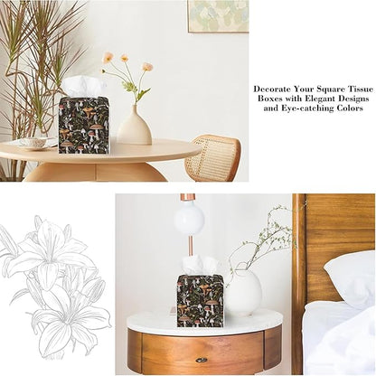 Autumn Mushroom Tissue Box Cover,Mushrooms and Field Plants Waterproof Leather Square Tissue Box Cover Case Facial Paper Organizer Dispenser Box Holder for Home Office Bathroom Vanity Countertop