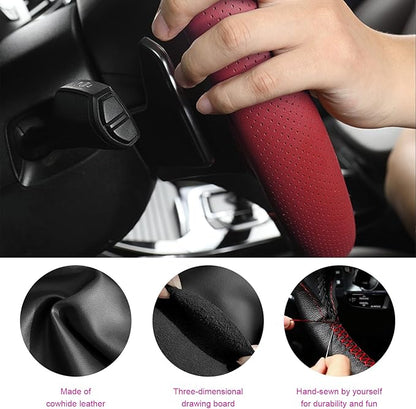 Ziciner Genuine Leather Steering Wheel Cover, Stitch on Wrap, Breathable Anti-Slip Car Steering Wheel Protector for Max Diameter 15 Inch, DIY Sewing with Needles Thread (Wine Red, Middle Hole)