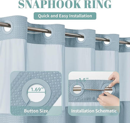 eachope Teal No Hook Waffle Weave Shower Curtain with snap-in Liner Replacement, 230GSM Waterproof Fabric Hotel Shower Curtain Set for Bathroom, Through Mesh Top Window,54Wx80H