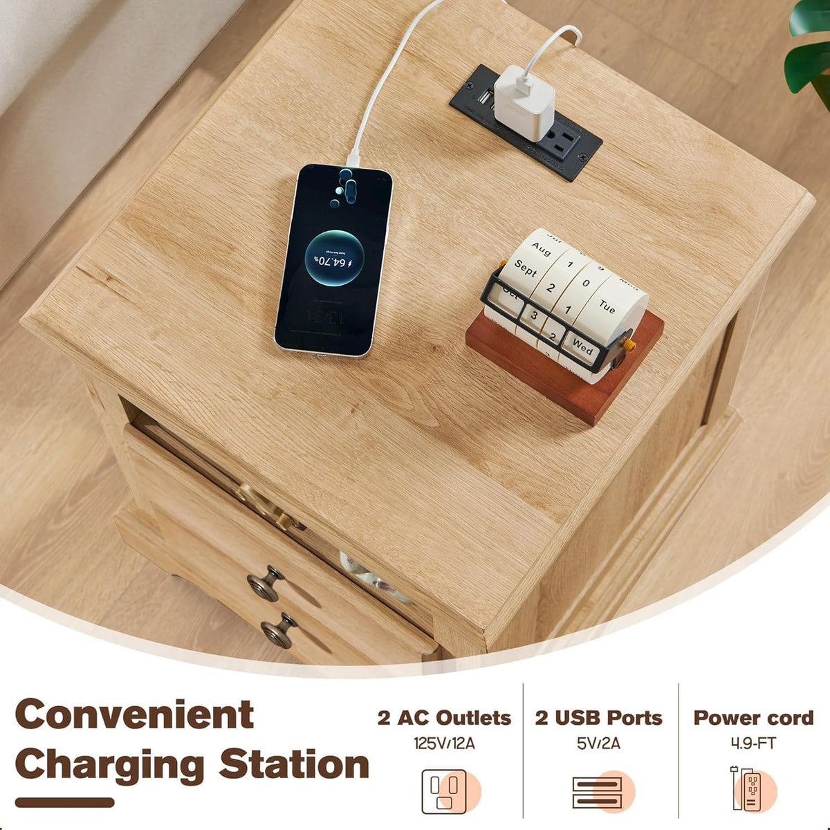 T4TREAM Nightstand with Charging Station, 18 Inch Vintage End Table with 2 Drawers, Wood Rustic Sofa Side Table with Open Storage Shelf for Bedroom, Living Room, Natural Oak