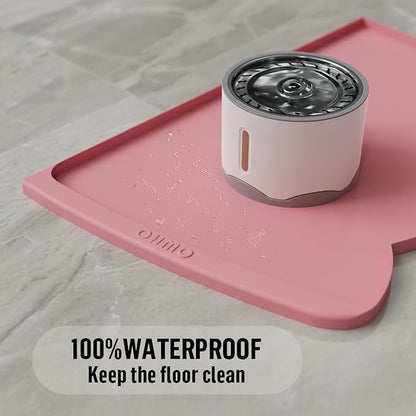 OHMO Dog Food Mat(Pink, 24 * 15'') w/Residue Collection Pocket Silicone Pet Feeding Mat for Floor High Edges Anti Spills Waterproof Cat Water Bowl Tray, Easy Clean Placemat