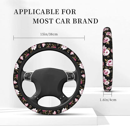 Peony Flower Steering Wheel Cover Women Men Elastic Stretch Soft Car Wheel Protector Universal Breathable No-Slip Car Accessories for Truck Van SUV Auto Fit 14-15 Inches
