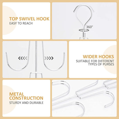 ZEDODIER 2 Pack Purse Organizer for Closet, Rotatable Purse Hanger Bag Holder, Max 16 Storage Capacity Backpack Rack, Metal Space Saving Hanger, Silver