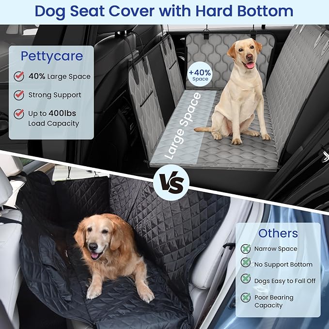 pettycare Dog Back Seat Cover Hard Bottom, Supports 400lbs, for Car with Mesh Window, Non-Slip SUV Truck, Grey