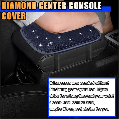 11.9''×8.4'' Bling Car Center Console Cover, Crystal Diamond Elbow Pillow Car Armrest Seat Box Cover, Soft Arm Rest Protective Cushion Pad for Women Girls, Auto Interior Decor for Car SUV (Black)