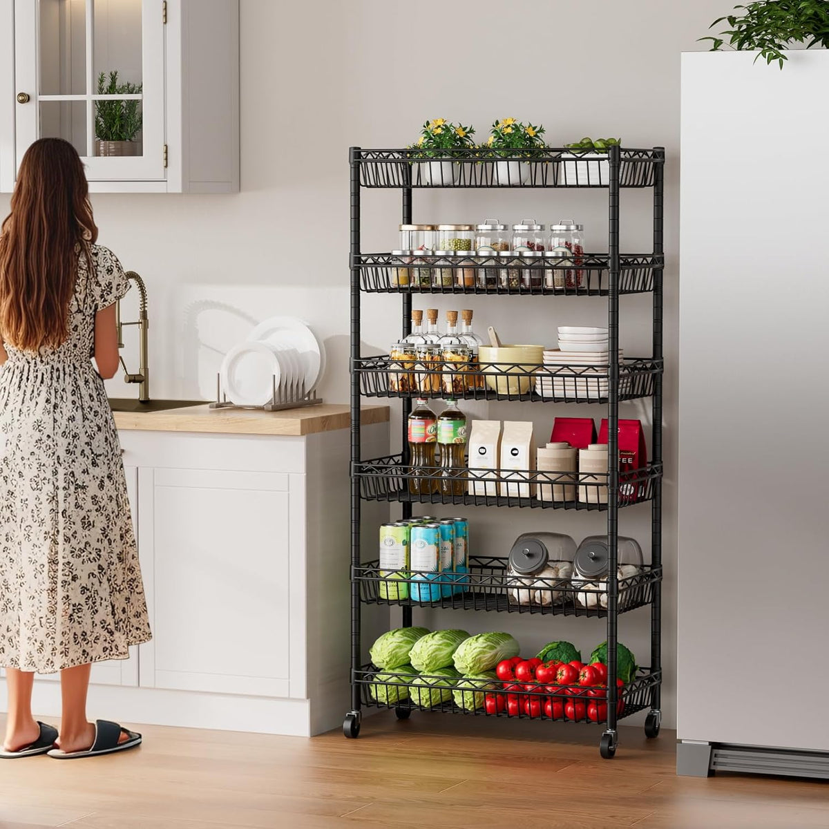 6 Shelves Storage Shelf Wire Closet Bathroom Organizers Metal Pantry Kitchen Garage Shelving Unit Laundry Room Organization Home Rack Net Basket Black with Wheels 30" Dx14 Wx65 H