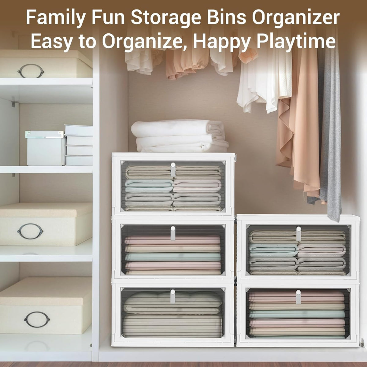 Storage Bins with Lids,4 Tier Stackable Storage Bins with Drawers,4 Pack Collapsible Plastic Storage Boxes with Wheel-1 Lid,23QT Foldable Containers for Closet Living Room Bedroom Office.