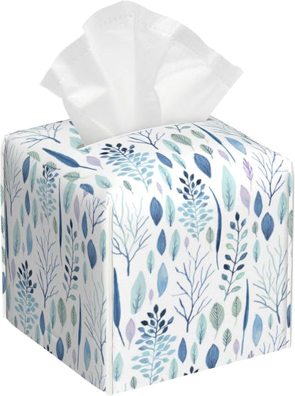 POIUBLE Tissue Box Holder Watercolor Blue Leaves Tissue Box Cover Square Leather Tissue Holder Organizer Portable Decorative Facial Paper Case for Home Office Bathroom Vanity Countertop