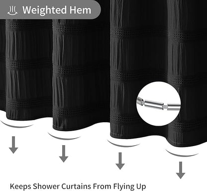 Lameirose Extra Long Black Shower Curtain Farmhouse,72 x 96 Cotton Blend Waffle Tufted Striped Chic Textured Fabric Shower Curtain for Bathroom, Hotel, Washable
