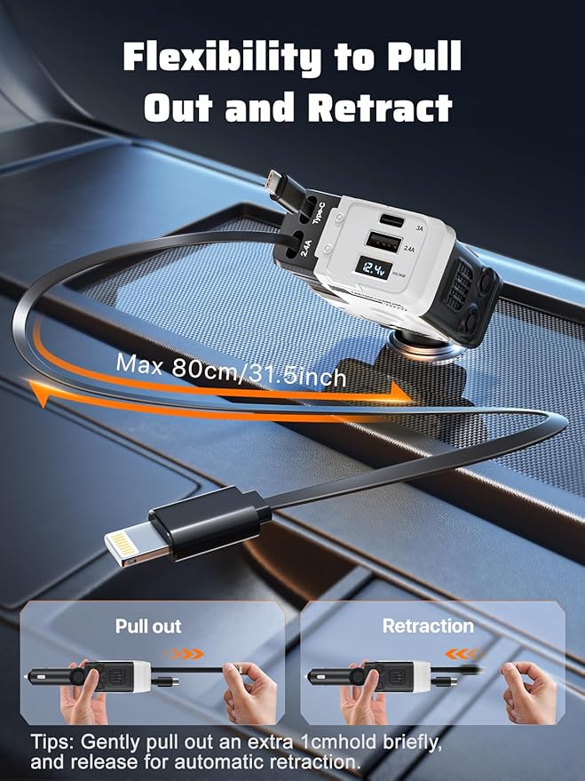 Retractable Car Charger with Retractable Cables (31.5 inch), 4 in 1 Super Fast Car Phone Charger, 2 USB Ports Car Charger Adapter, Compatible with iPhone 15 14 13 12 11 Pro Max, iPad, Pixel
