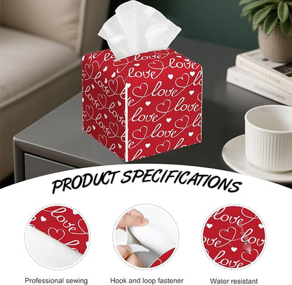 Romantic Hearts Tissue Box Cover Square,White and Letters Tissue Box Holder with Belt Bottom,Stylish Leather Napkin Holder for Vanity Countertop,Nightstands,Office Desk,5.2"×5.2"×5.2"