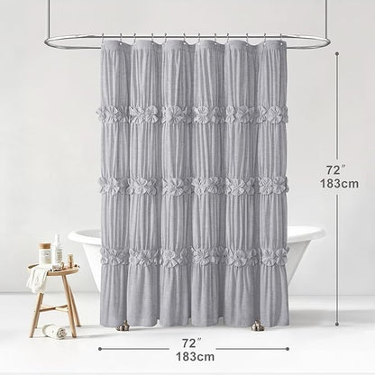XOGUIBO Ruffle Shower Curtain with Handmade Bow Tie, Grey Linen Vintage Farmhouse Shower Curtain for Bathroom, 72" W x 72" H