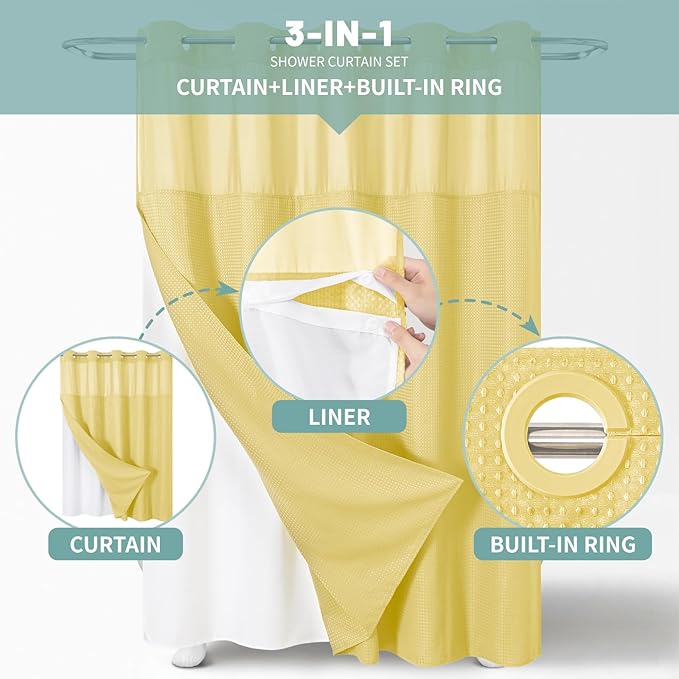 eachope Yellow No Hook Waffle Weave Shower Curtain with snap-in Liner Replacement, 230GSM Waterproof Fabric Hotel Shower Curtain Set for Bathroom, Through Mesh Top Window,71Wx86H