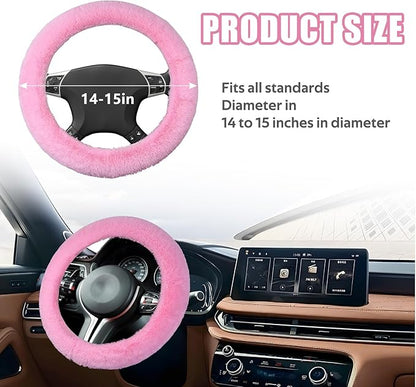 Wuyaoyao Fuzzy Car Steering Wheel Cover, 15'' Soft Auto Steering Wheel Protector for Warm Winter, Elastic Anti-Slip Fluffy Wheel Covers, Universal Car Accessories for Women and Men (Pink)