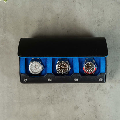 DailyWatch | Personalized Watch Roll Travel Case For 3 Watches - Handmade Genuine Leather Travel Case With Custom Engraving of Name or Initials - Black Blue
