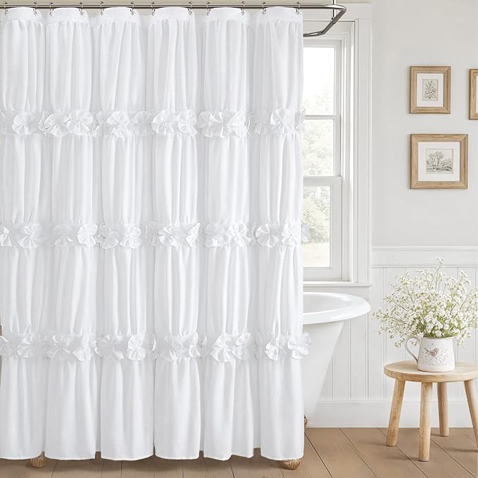 XOGUIBO White Ruffle Shower Curtain with Handmade Bow Tie, Linen Vintage Farmhouse Shower Curtain for Bathroom, 72" W x 78" H