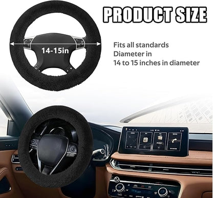Wuyaoyao Fuzzy Car Steering Wheel Cover, 15'' Soft Auto Steering Wheel Protector for Warm Winter, Elastic Anti-Slip Fluffy Wheel Covers, Car Accessories for Women and Men (Black)