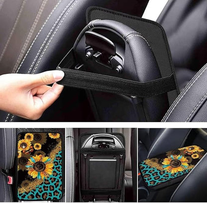 JoyLamoria Sunflower Leopard Car Center Console Armrest Cover Non Slip Auto Arm Rest Cushion Pads Armrest Protector Car Interior Accessories