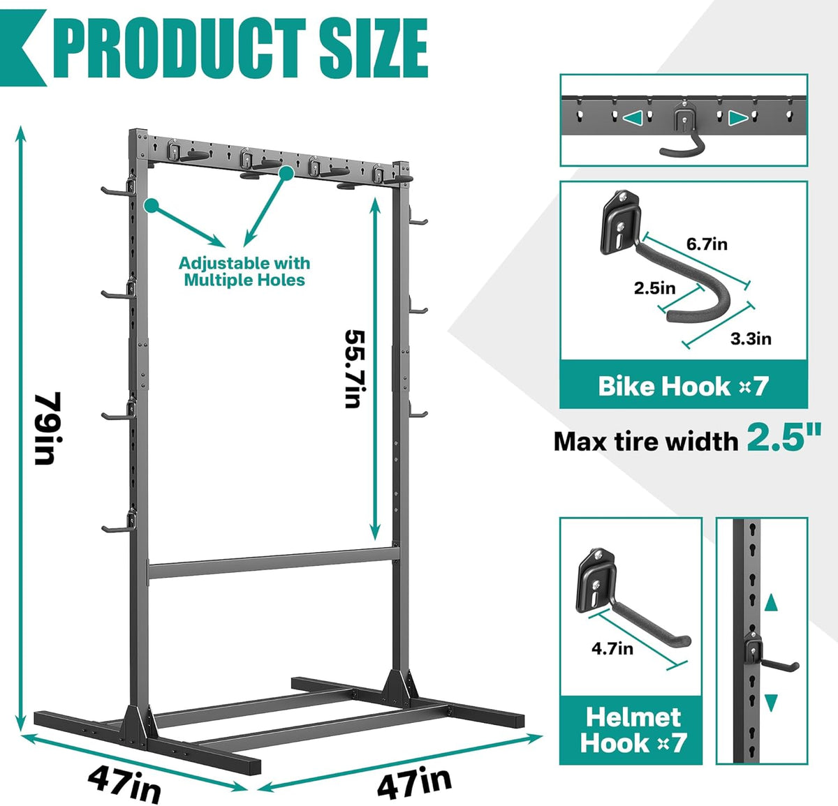 EVERHANGER Freestanding Bike Stand Rack with Adjustable Hooks, Vertical Bike Stand for Garage, Bicycle Storage Organizer, Holds Up to 7 Bikes & 7 Helmets