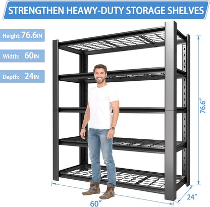5-Tier Heavy Duty Garage Shelving Unit with Wire Shelves,3000 LBS Capacity Metal Storage Rack 76"H x 60"W x 24"D,Adjustable Boltless Steel Shelves for Garage,Basement,Pantry,Warehouse.2 Pack