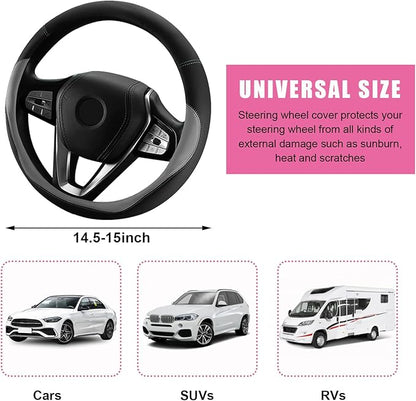 Car Steering Wheel Cover, Universal 15" Anti-Slip Auto Steering Wheel Protector for Men Women, Breathable Odor Free Leather Steering Wheel Car Accessories Fit Most Vehicles (Gray)