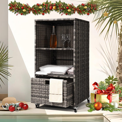 Outdoor Towel Rack for Pool Outdoor Pool Towel Storage Cabinet with Shelf & Drawer Pool Towel Holder with Rolling Wheels Hot Tub Towel Rack w/Waterproof Cover Poolside Towel Valet Caddy for Spa Grey
