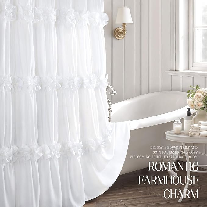 XOGUIBO White Ruffle Shower Curtain with Handmade Bow Tie, Linen Vintage Farmhouse Shower Curtain for Bathroom, 72" W x 78" H